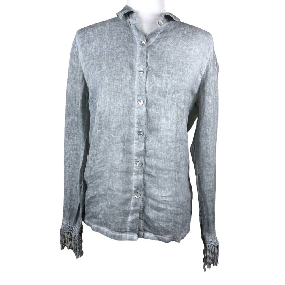 REBECCA ELLIOT Gray Ramie Button Down‎ Top S Ramie Lagenlook Lace Cuffs